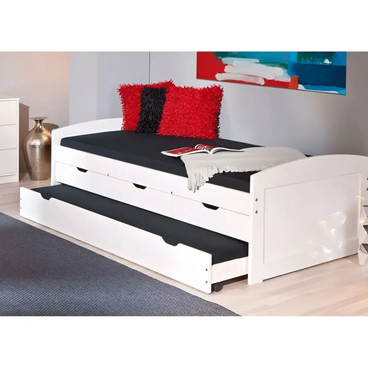 Divano Letto 2 Letti Singoli a Doghe 90x190 con Cassetti Contenitore Estraibile
