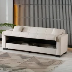 Divano Letto 3 Posti in Tessuto Crema con Contenitore 213x81x83 cm