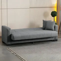 Divano Letto 3 Posti in Tessuto Grigio con Contenitore 213x81x83 cm