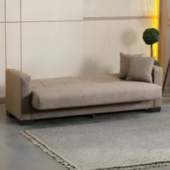 Divano Letto 3 Posti in Tessuto Cammello con Contenitore 213x81x83 cm