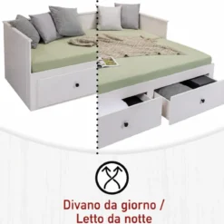 Divano Letto Singolo 90x200 cm in Legno Bianco con 2 Cassetti
