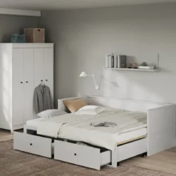 Divano Letto Singolo 90x200 cm in Legno Bianco con 2 Cassetti