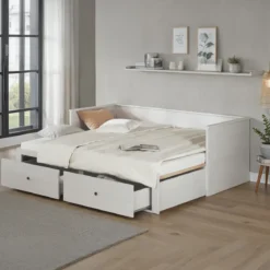 Divano Letto Singolo 90x200 cm in Legno Bianco con 2 Cassetti