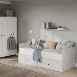 Divano Letto Singolo 90x200 cm in Legno Bianco con 2 Cassetti