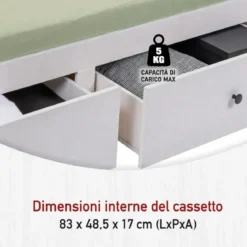 Divano Letto Singolo 90x200 cm in Legno Bianco con 2 Cassetti