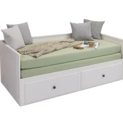 Divano Letto Singolo 90x200 cm in Legno Bianco con 2 Cassetti