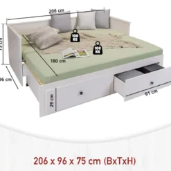 Divano Letto Singolo 90x200 cm in Legno Bianco con 2 Cassetti
