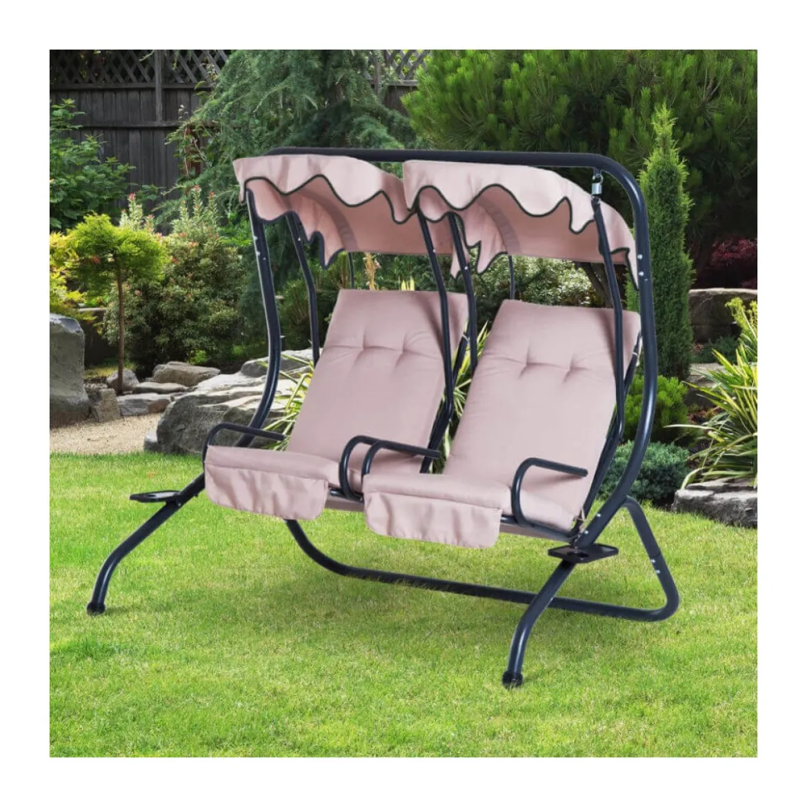 Dondolo Cicladi da Giardino 2 Posti Nero/Beige con Cuscini 202 x 114 x 169 h