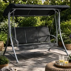 Dondolo 3 Posti Grigio 165x125x178cm con Copertura da Giardino