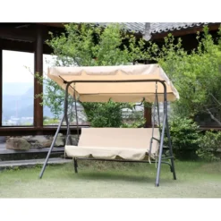 Dondolo 3 Posti Telo Beige in Acciaio da Esterno Balcone Giardino
