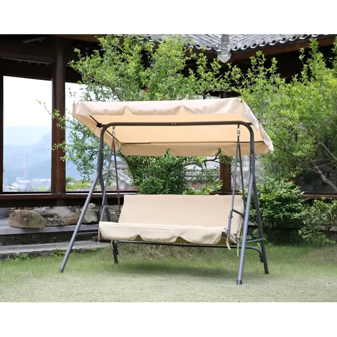 Dondolo 3 Posti Telo Beige in Acciaio da Esterno Balcone Giardino