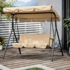 Dondolo 3 Posti Telo Beige in Acciaio da Esterno Balcone Giardino