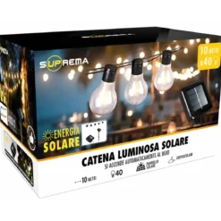 Filo Luci per Gazebo Pergole Energia Solare 40 LED 12W Luce Calda 10m