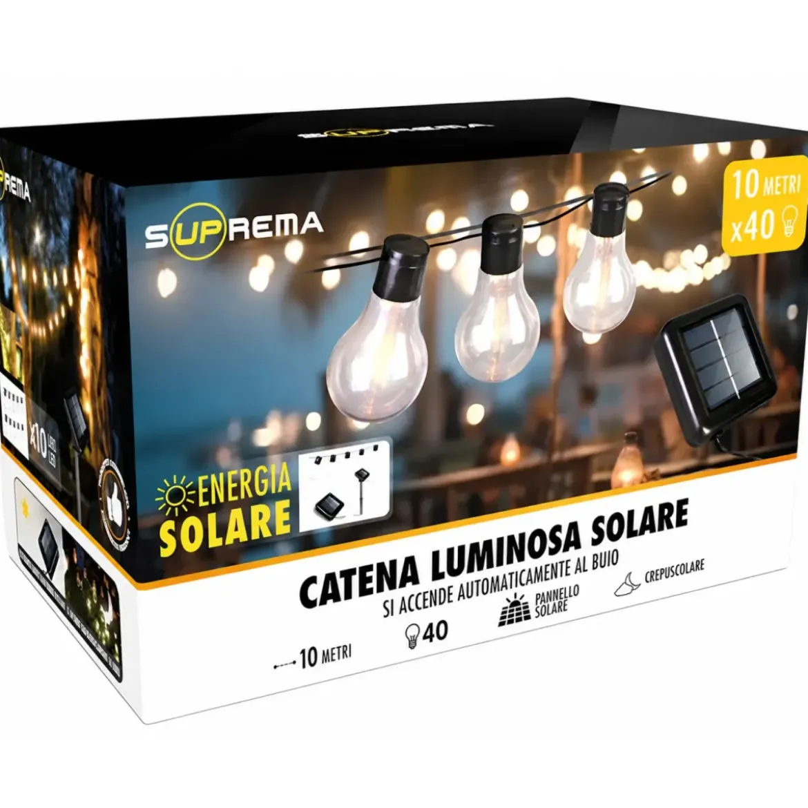 Filo Luci per Gazebo Pergole Energia Solare 40 LED 12W Luce Calda 10m