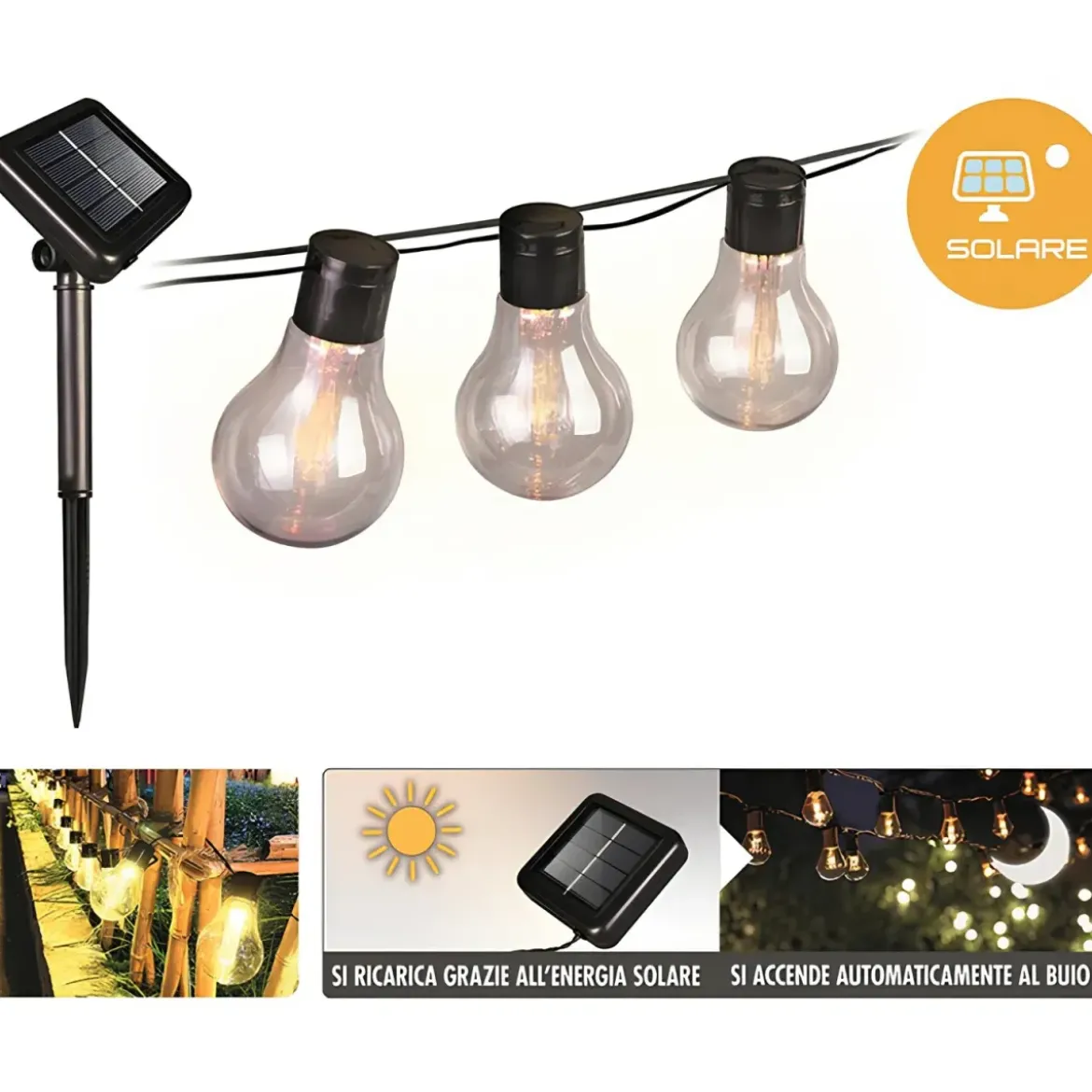 Filo Luci per Gazebo Pergole Energia Solare 40 LED 12W Luce Calda 10m