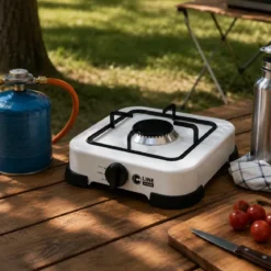 Fornello a Gas GPL 1 Fuoco Portatile 2,2 kW per Uso Esterno Bianco