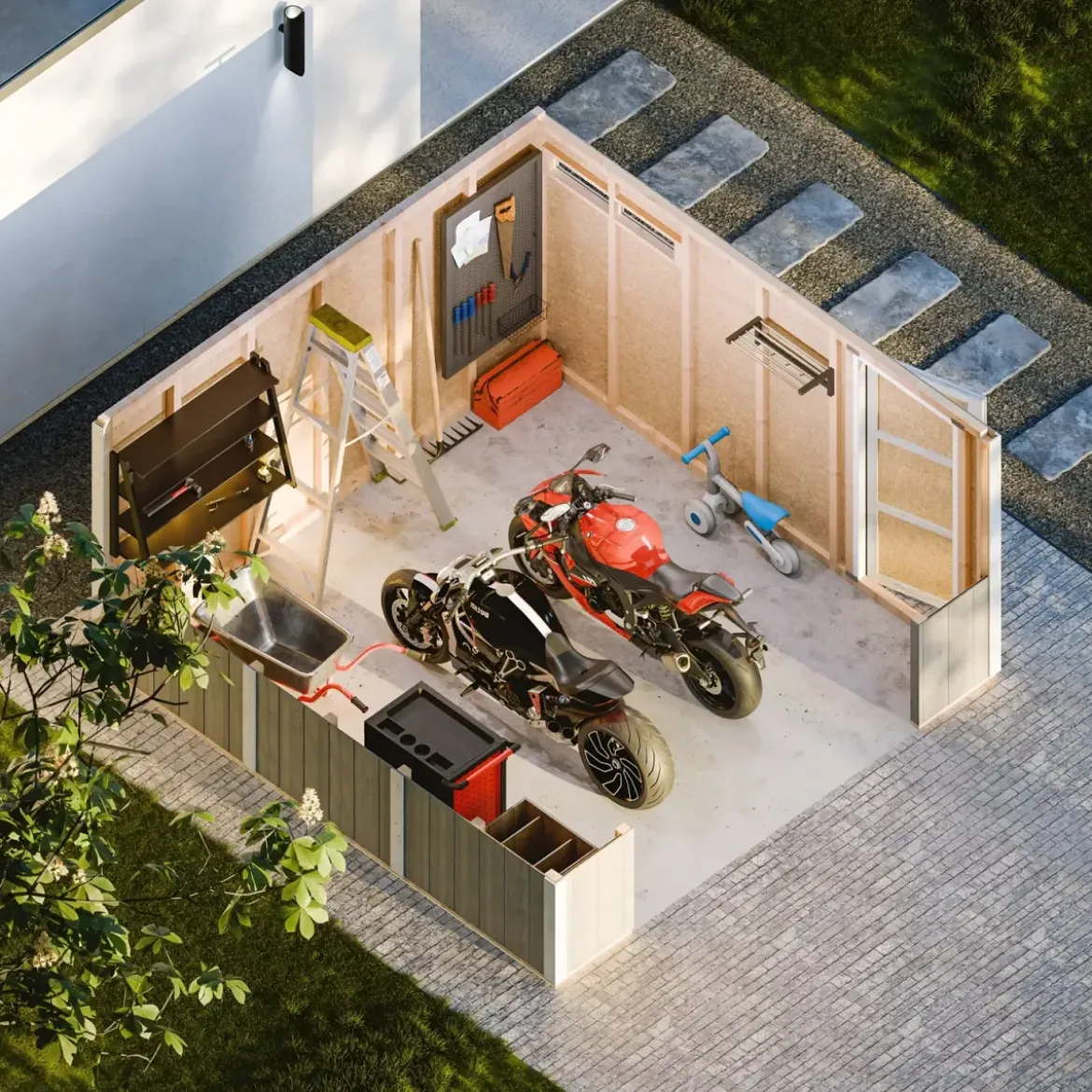 Garage in Legno 368x354 cm Grigio Scuro Pannelli Box Porta Elettrica