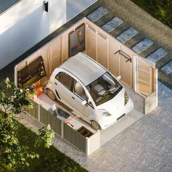 Garage in Legno 368x354 cm Marrone a Pannelli Box con Porta Elettrica