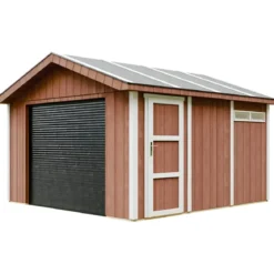 Garage in Legno 368x354 cm Rosso a Pannelli Box con Porta Elettrica