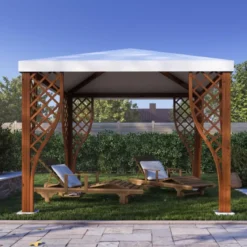 Gazebo in Legno Impregnato 3x3 m Noce Copertura in PVC Bianco Giardino