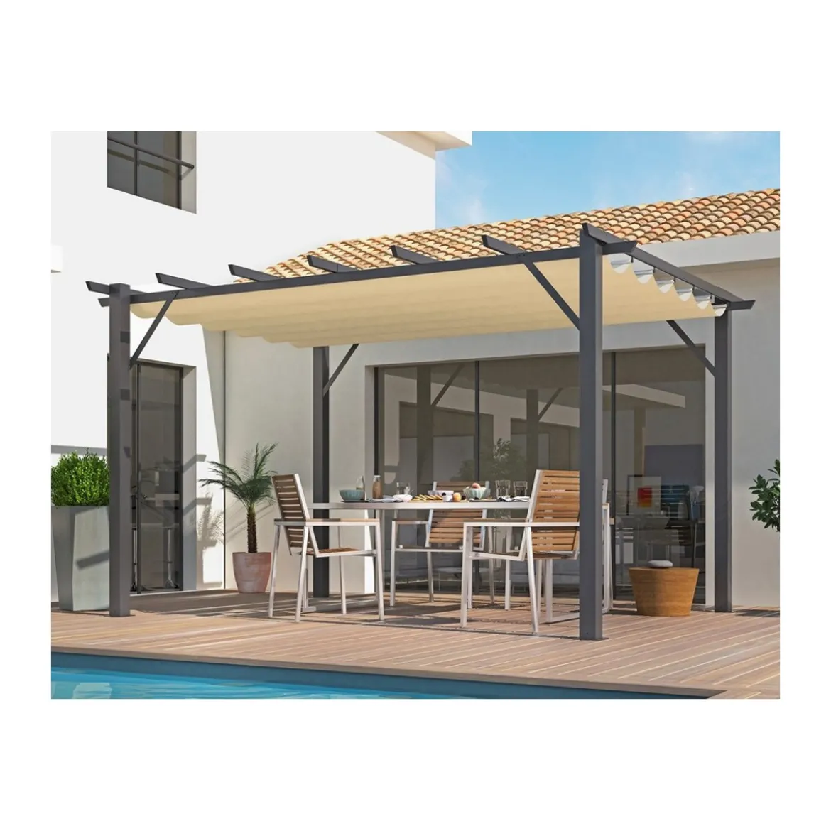 Gazebo Pergola in Alluminio 4x3 Grigia da Giardino Telo di Copertura Pergolato