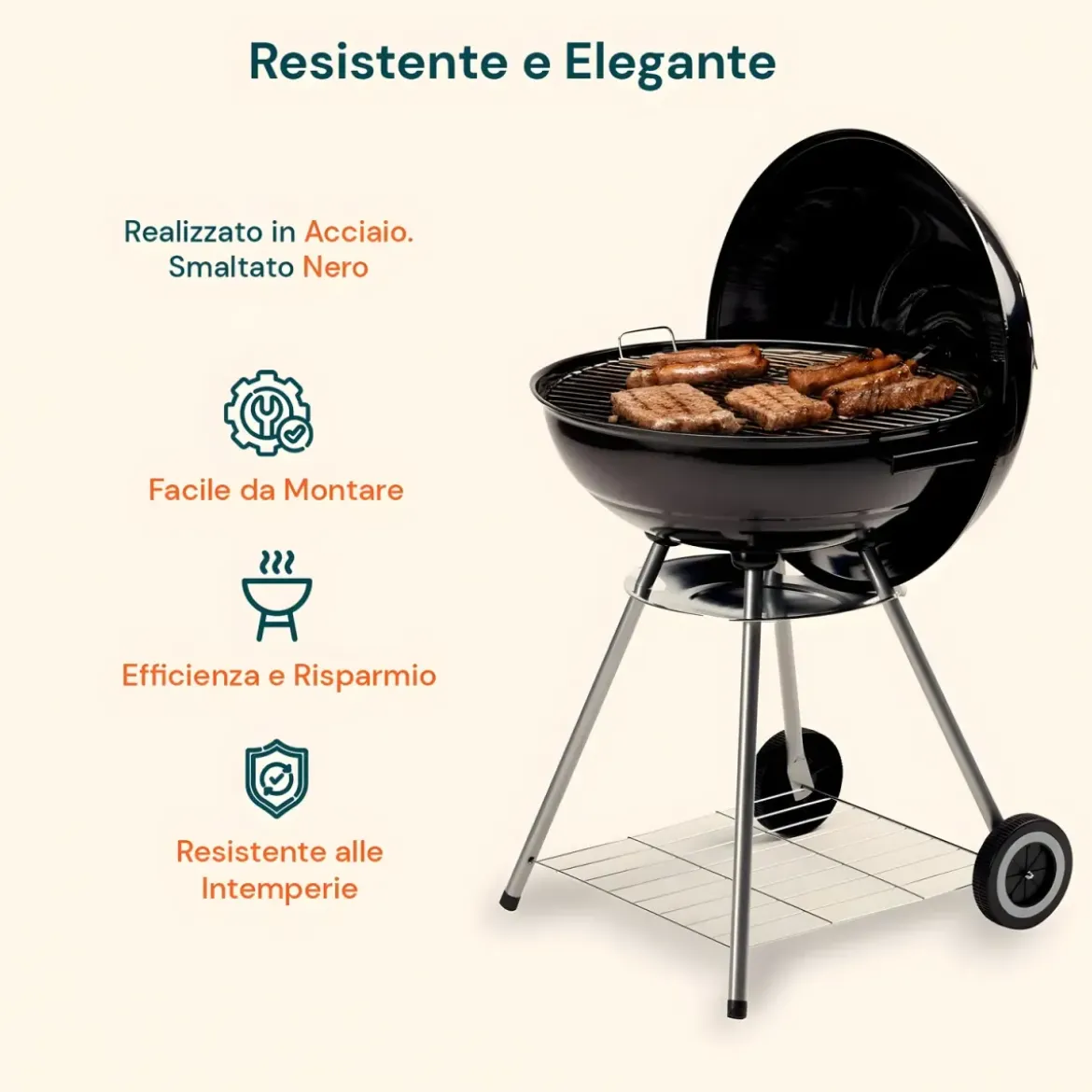 Giardino Barbecue Tondo 56cm Carbone Legna Carbonella Carrello Griglia Grigliata
