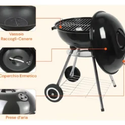 Giardino Barbecue Tondo 56cm Carbone Legna Carbonella Carrello Griglia Grigliata