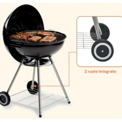 Giardino Barbecue Tondo 56cm Carbone Legna Carbonella Carrello Griglia Grigliata