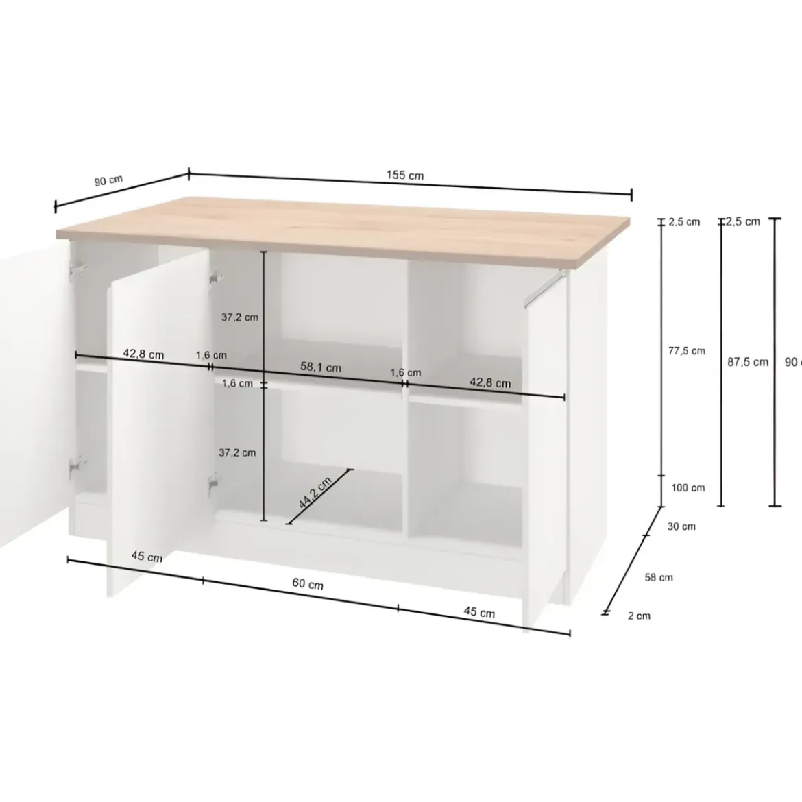Isola Cucina 3 Ante Bianco Rovere 155x90x90 cm Legno Nobilitato