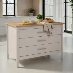 Isola da Cucina Beige Rovere Tavolo Bar con 3 Cassetti Soft-Close