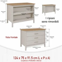 Isola da Cucina Beige Rovere Tavolo Bar con 3 Cassetti Soft-Close