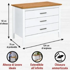 Isola da Cucina Bianco Rovere Tavolo Bar con 3 Cassetti Soft-Close