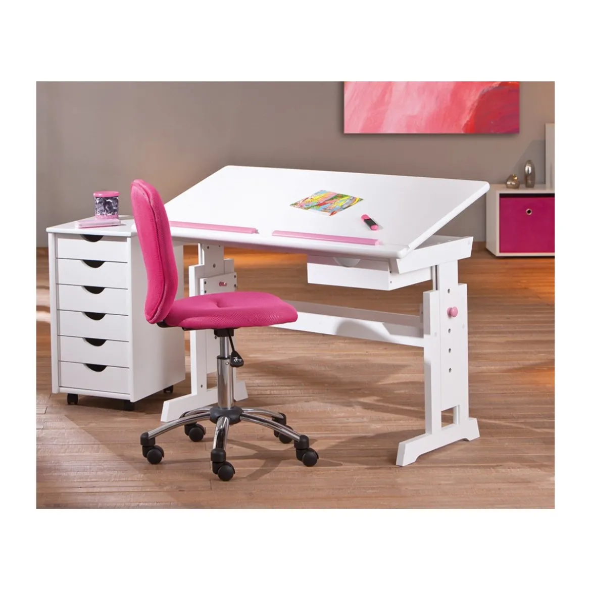 Kit Scrivania Bianca Tavolo Rosa Blu Inclinabile Legno Pino Cameretta Bambino