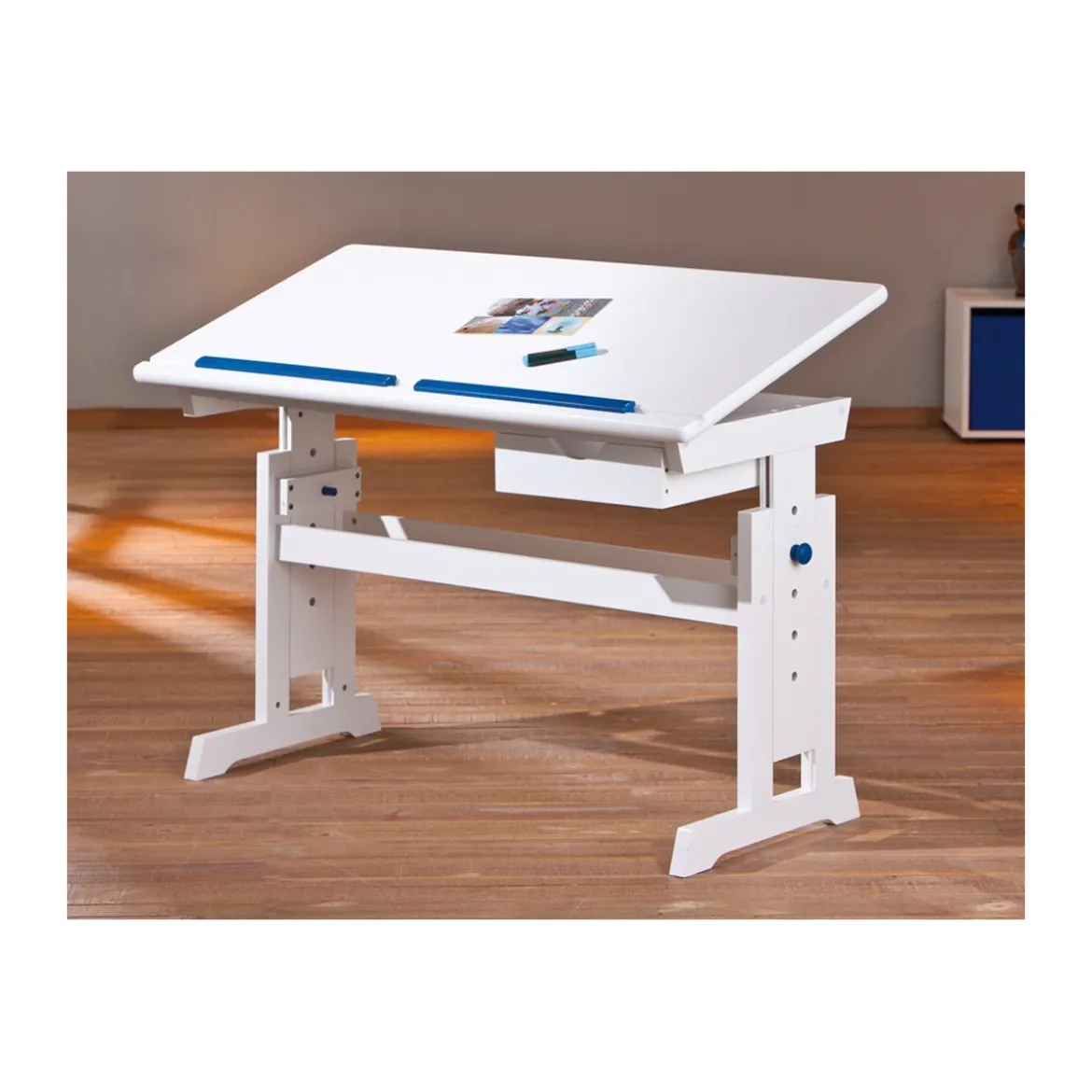 Kit Scrivania Bianca Tavolo Rosa Blu Inclinabile Legno Pino Cameretta Bambino