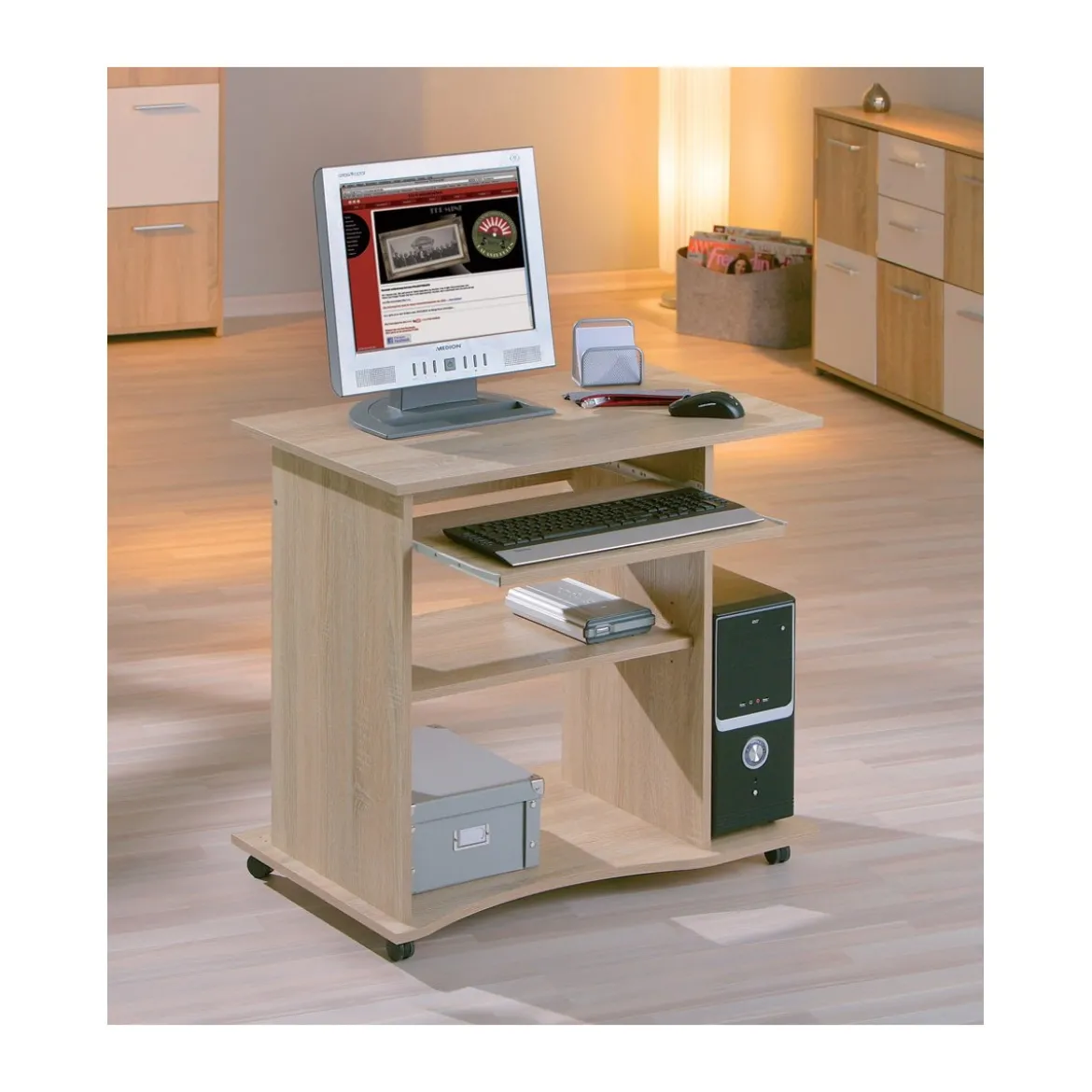 Kit Scrivania Portapc Rovere Cameretta Moderna Legno Tavolo con Ruote Cassetto