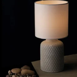 Lampada con Paralume in Tessuto Bianco Lumetto da Tavolo in Ceramica