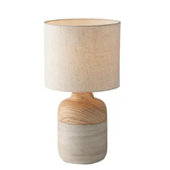 Lampada da Tavolo in Ceramica e Legno Luce con Paralume in Tessuto Bianco