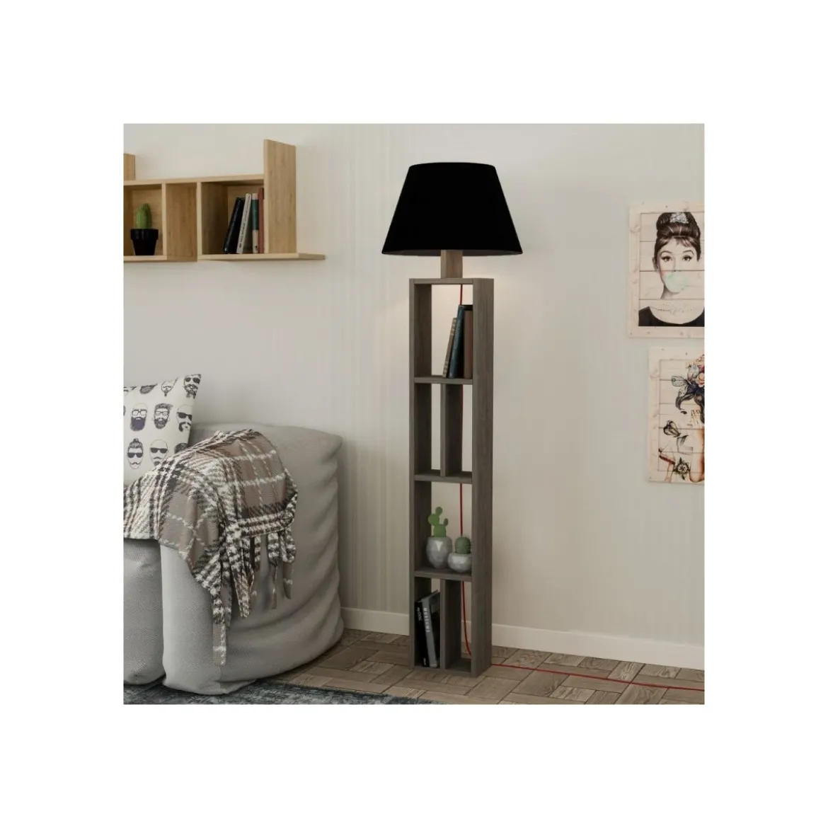 Lampada da Terra con Libreria Legno Paralume Nero Attacco Lampadina E27 Salotto