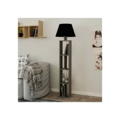 Lampada da Terra con Libreria Legno Paralume Nero Attacco Lampadina E27 Salotto