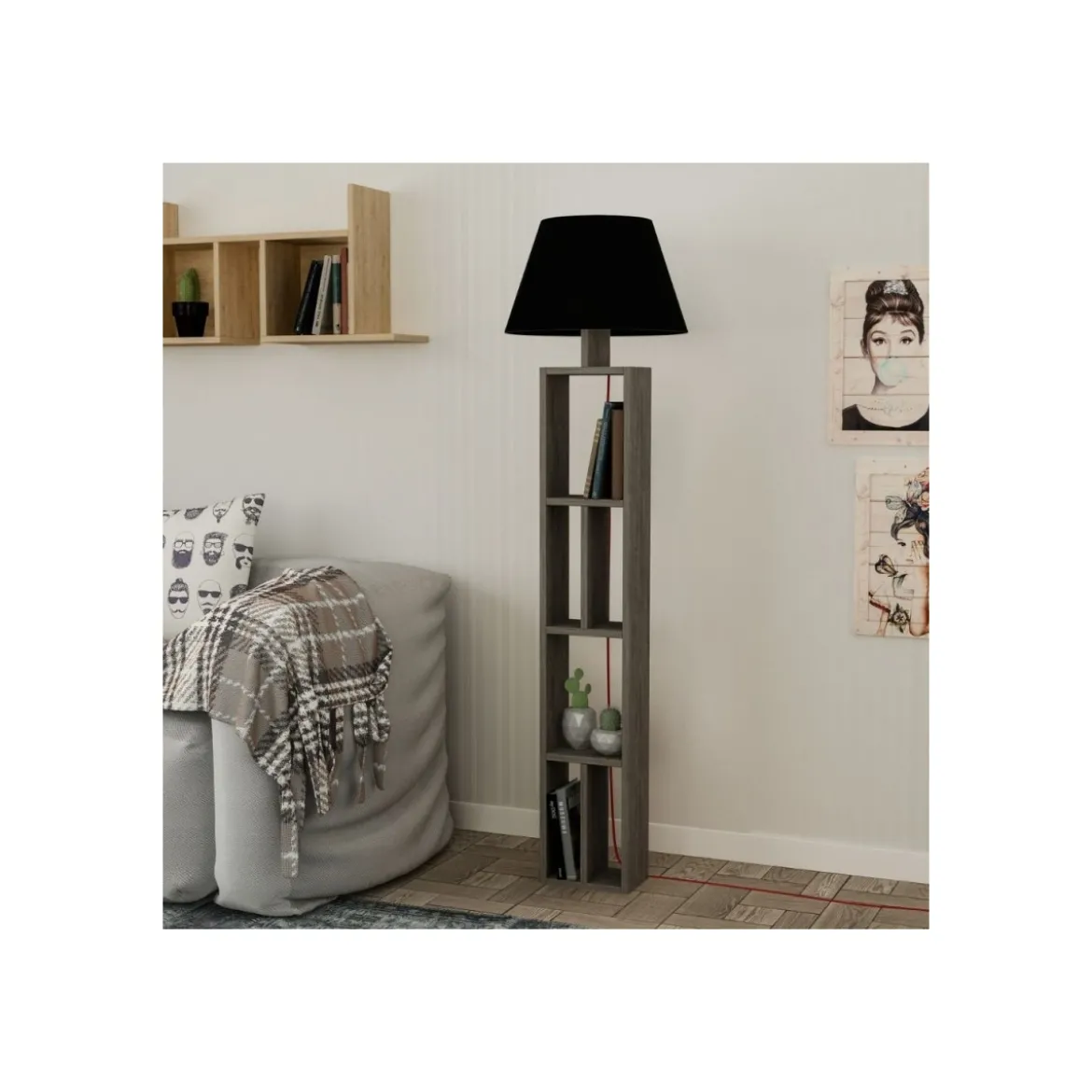 Lampada da Terra con Libreria Legno Paralume Nero Attacco Lampadina E27 Salotto