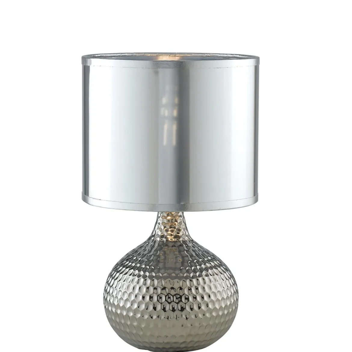 Lampada in Ceramica Martellata Argento e Paralume in Tessuto da Tavolo