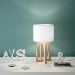 Lampada in Legno Lumetto da Tavolo con Paralume in Tessuto Bianco