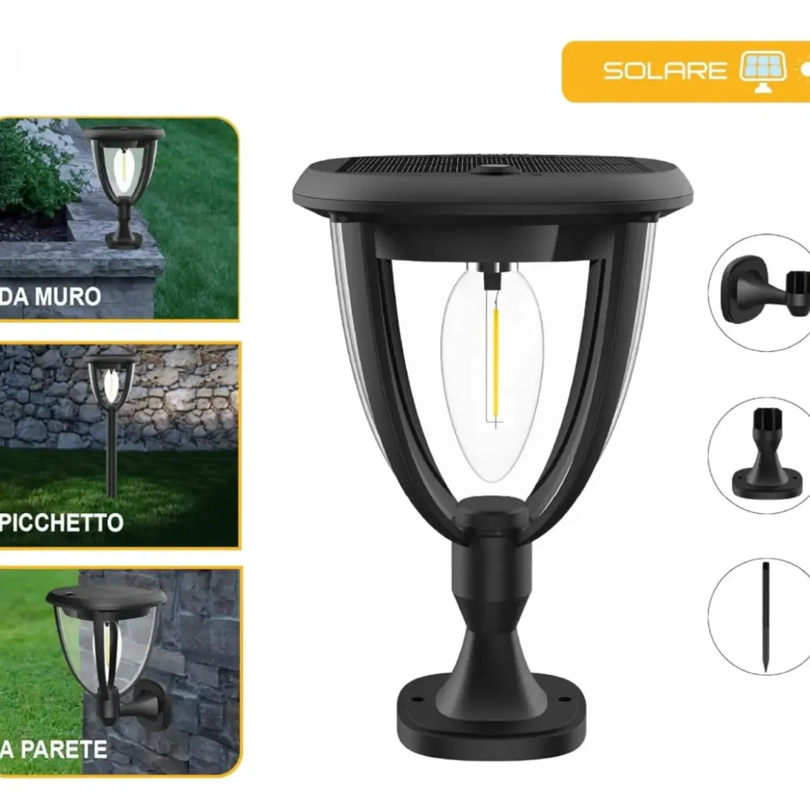 Lanterna Solare 3 in 1 LED 100 Luce Calda Muro Parete Picchetto Esterno