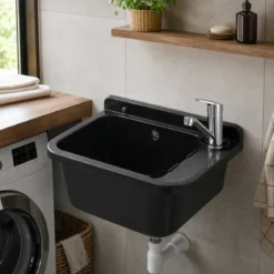 Lavabo per Esterno Nero 50x34 cm Lavello a Muro Pilozzo per Lavanderia