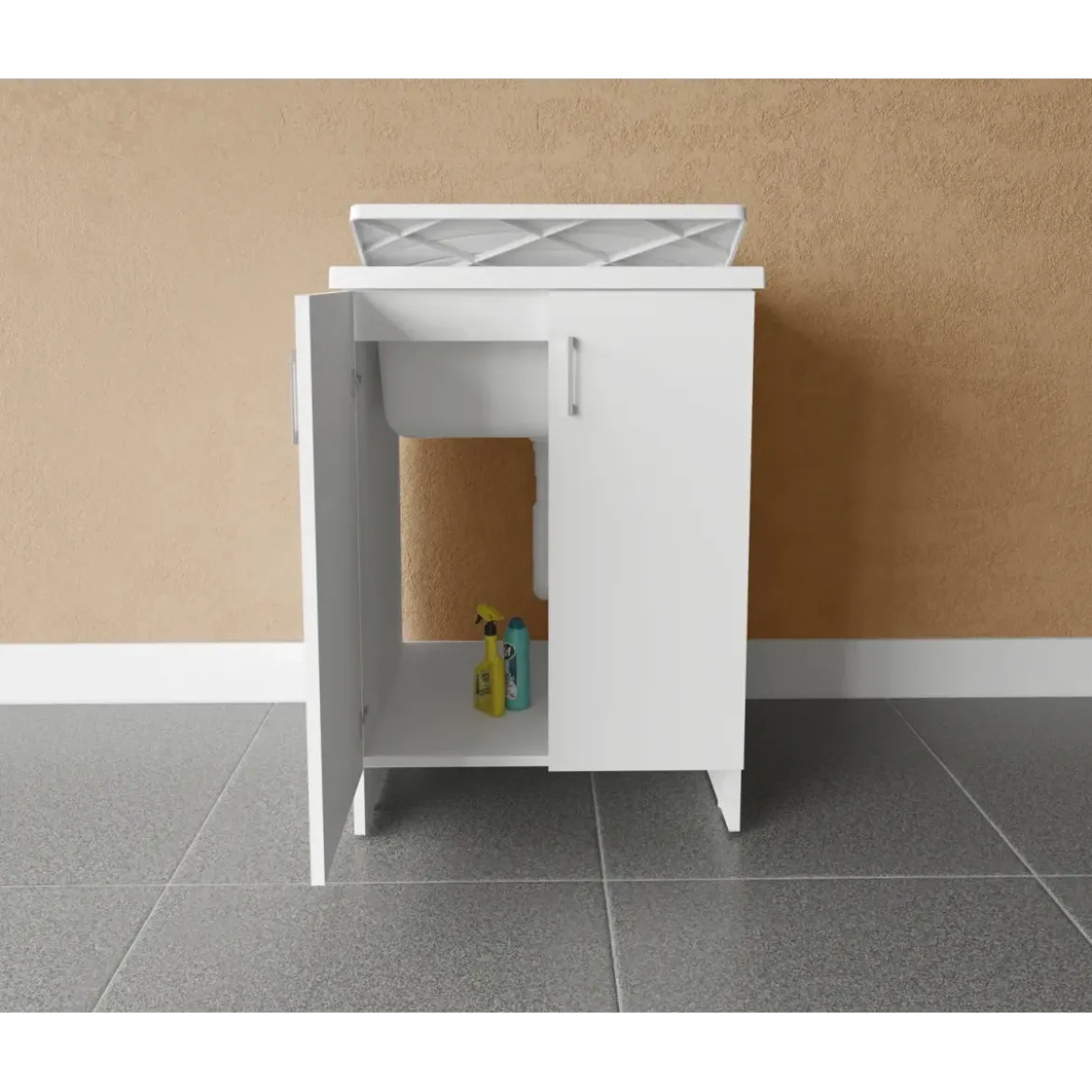 Lavatoio Bianco 2 Ante 45x50x85 cm Vasca PP e Asse in Resina