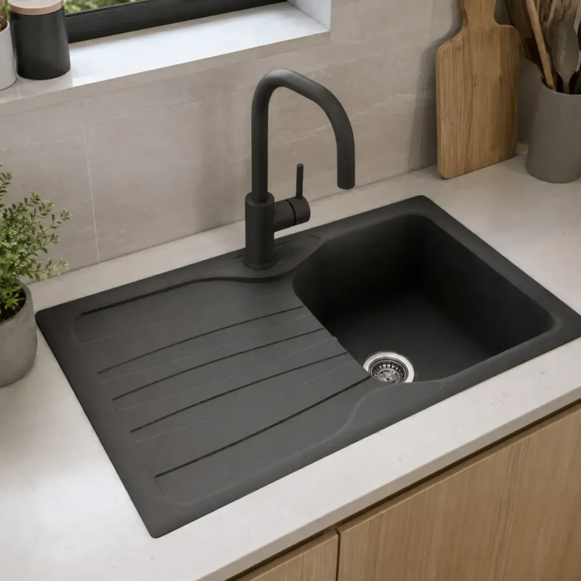 Lavello Cucina 1 Vasca con Gocciolatoio Reversibile Fragranite Grafite