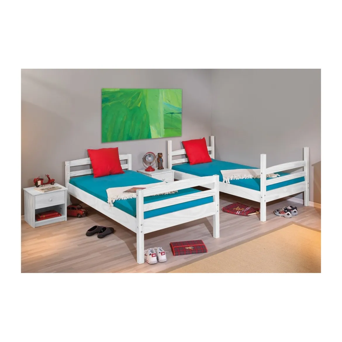 2 Letti Singoli a Doghe Castello 90x190 Bianco Pino Scala per Cameretta Bambini
