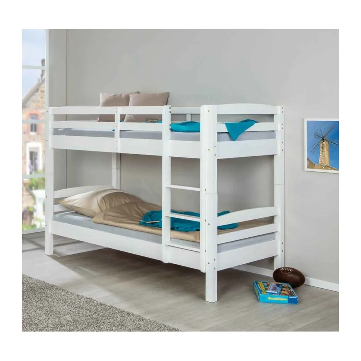 2 Letti Singoli a Doghe Castello 90x190 Bianco Pino Scala per Cameretta Bambini