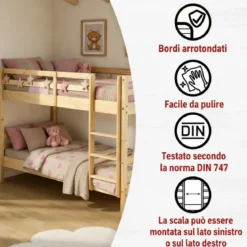 Letto a Castello 90x200 cm Legno Massello Naturale con 2 Reti Singole