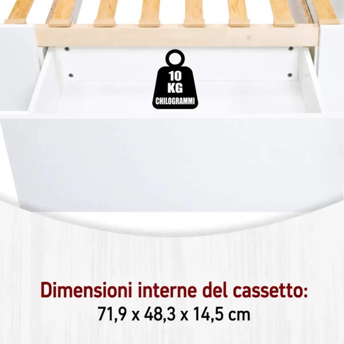 Letto alla Francese 140x200 cm Bianco con 4 Cassetti Rete a Doghe